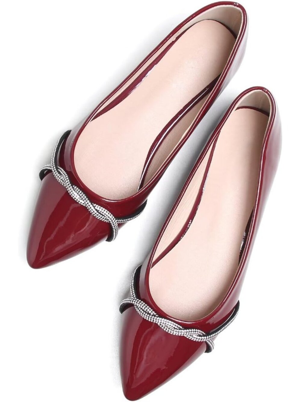 Women's B Wine Red Chain Ballet Flats Fashion Pointed Toe Slip On Dress Shoes
